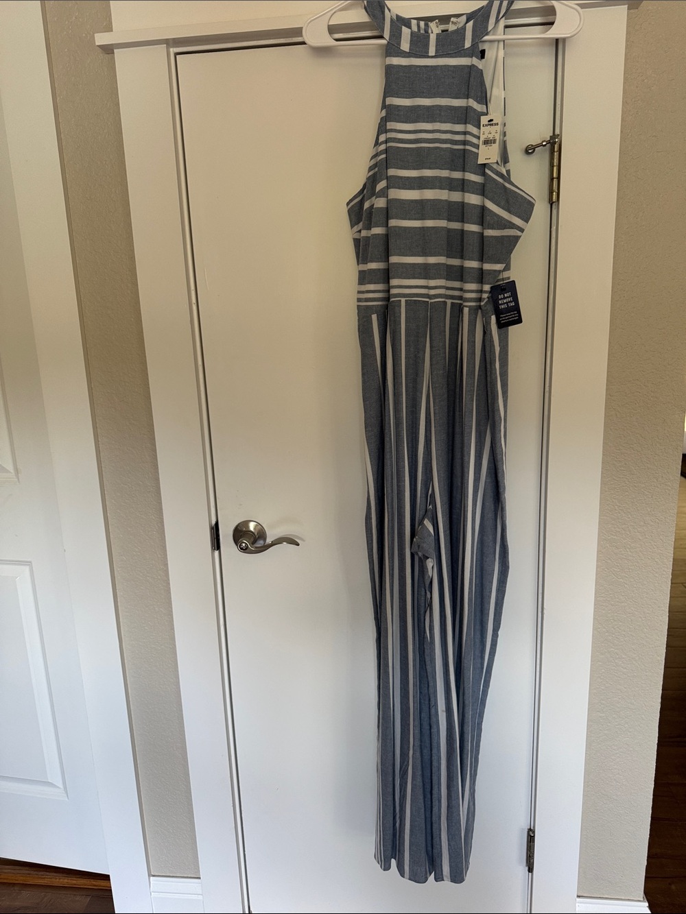 Express Striped Halter Jumpsuit in Blue and White